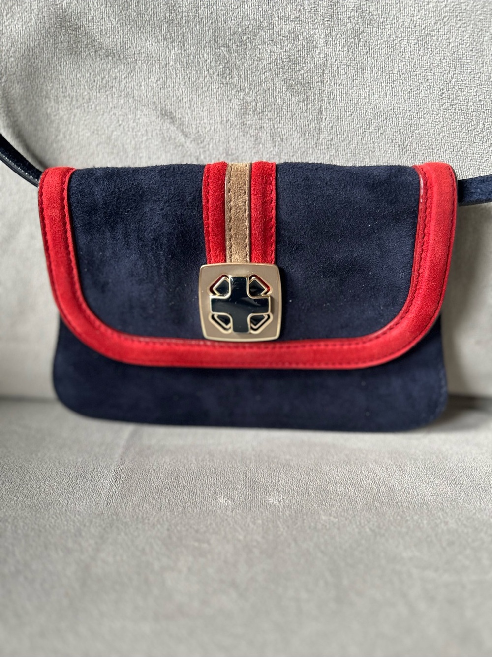 Vintage Bally Navy Suede Flap Mini Shoulder Bag Crossbody with Red Stripe Accent